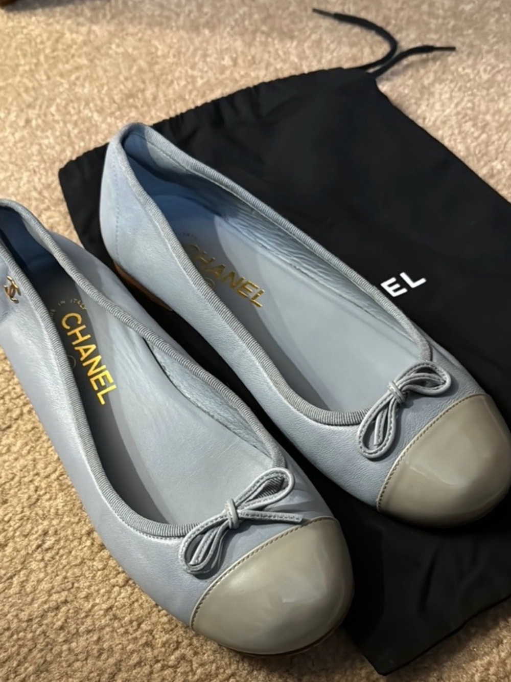 CHANEL Pale Blue Leather Cap-Toe Ballet Flats with Gray Cap